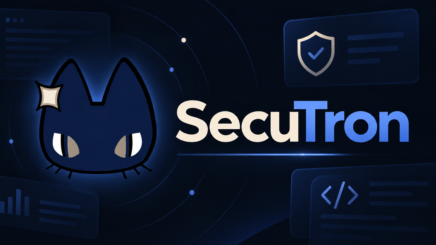 SecuTron cat mascot and wordmark in the blue cybersecurity theme